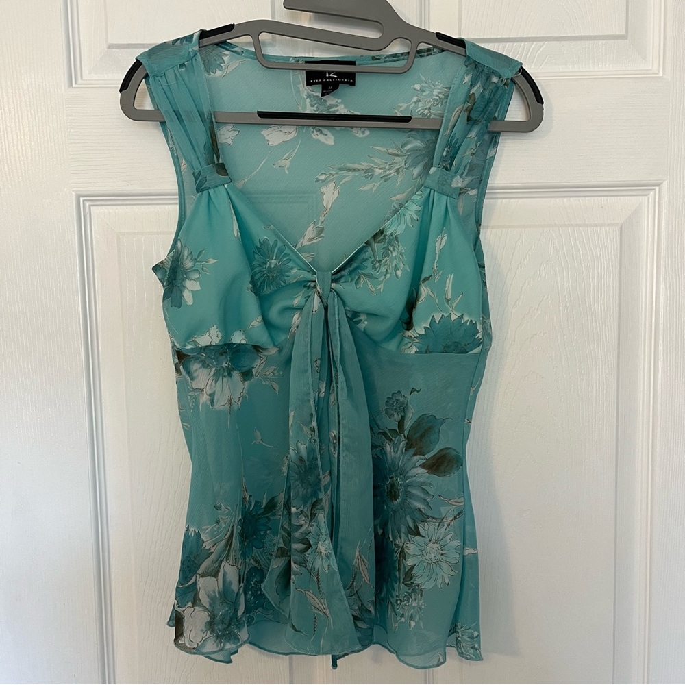 Y2K Byer California Teal Floral Tie-Front Sleeveless Going Out Top (M)